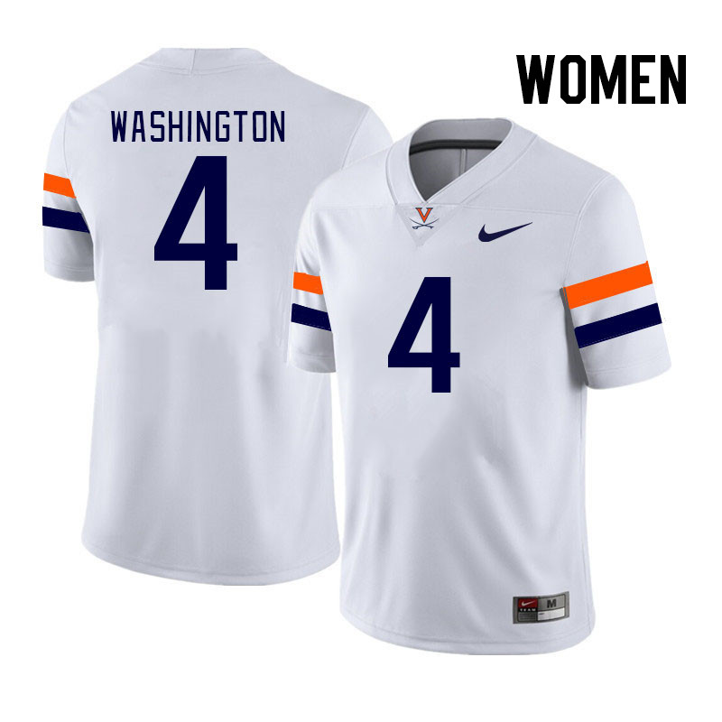 Women #4 Malik Washington Virginia Cavaliers College Football Jerseys Stitched Sale-White - Click Image to Close
